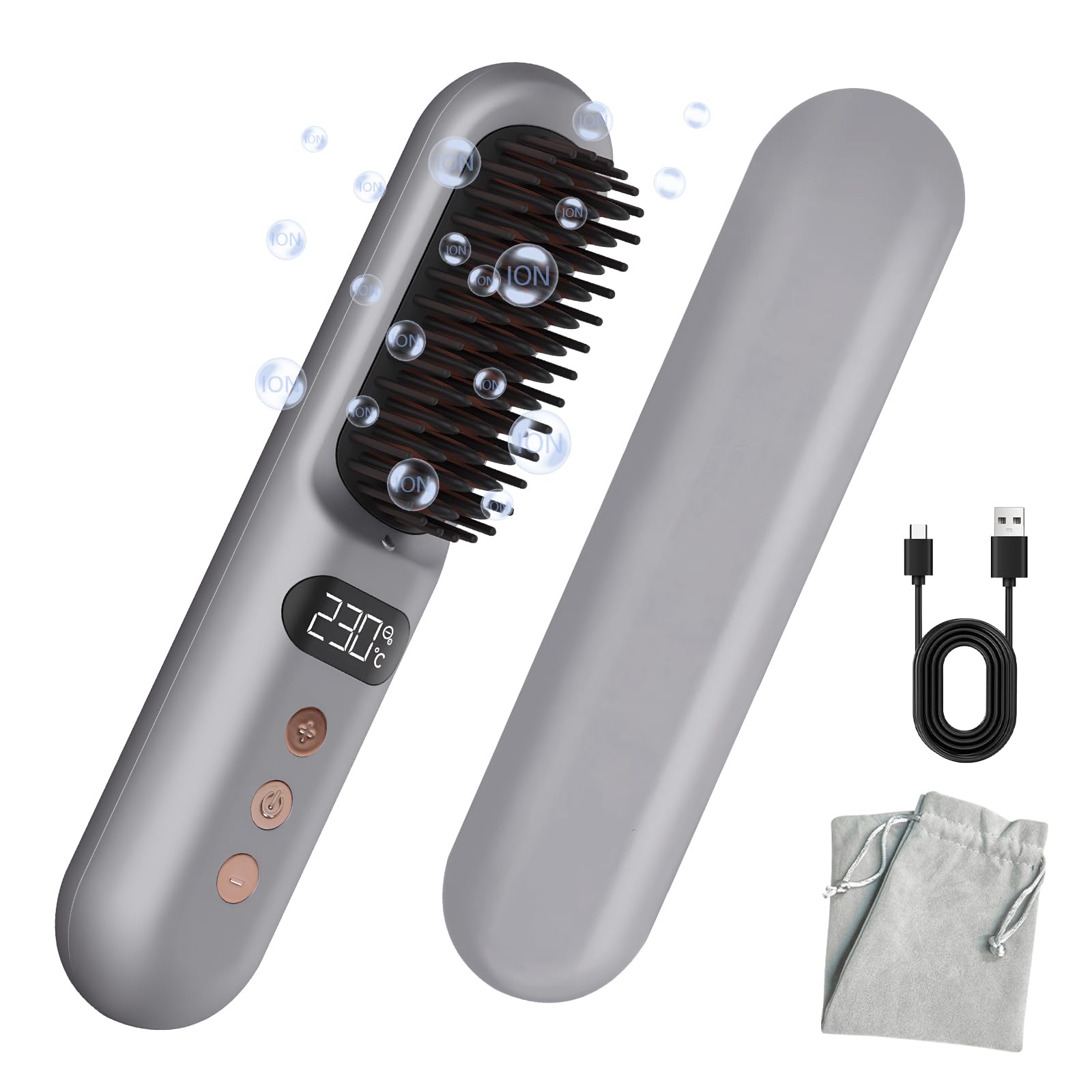 Waonsiem Cordless Hair Straightener, Portable Mini Straightening Brush for Travel, Negative Ion Hot Comb, 10000mAH USB Rechargeable, Anti-Scald, Grey