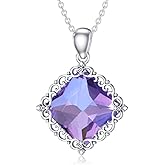 BETHZA Natural Amethyst Necklace for Women 925 Sterling Silver Square Authentic Purple February Birthstone Gemstone Pendant for Christmas Birthday Valentine's Day