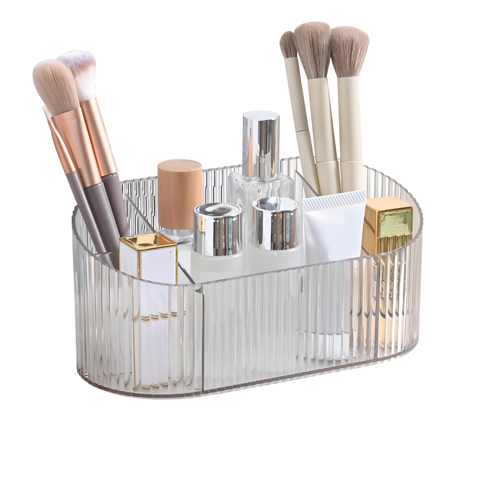 DASITON Makeup Organiser, 5 Slots Makeup Brush Holder Storage Cup, Vintage Striped Make Up Brush Holder Cosmetic and Skincare Organiser for Dressing Table, Vanity, Bathroom, Desktop (Clear)