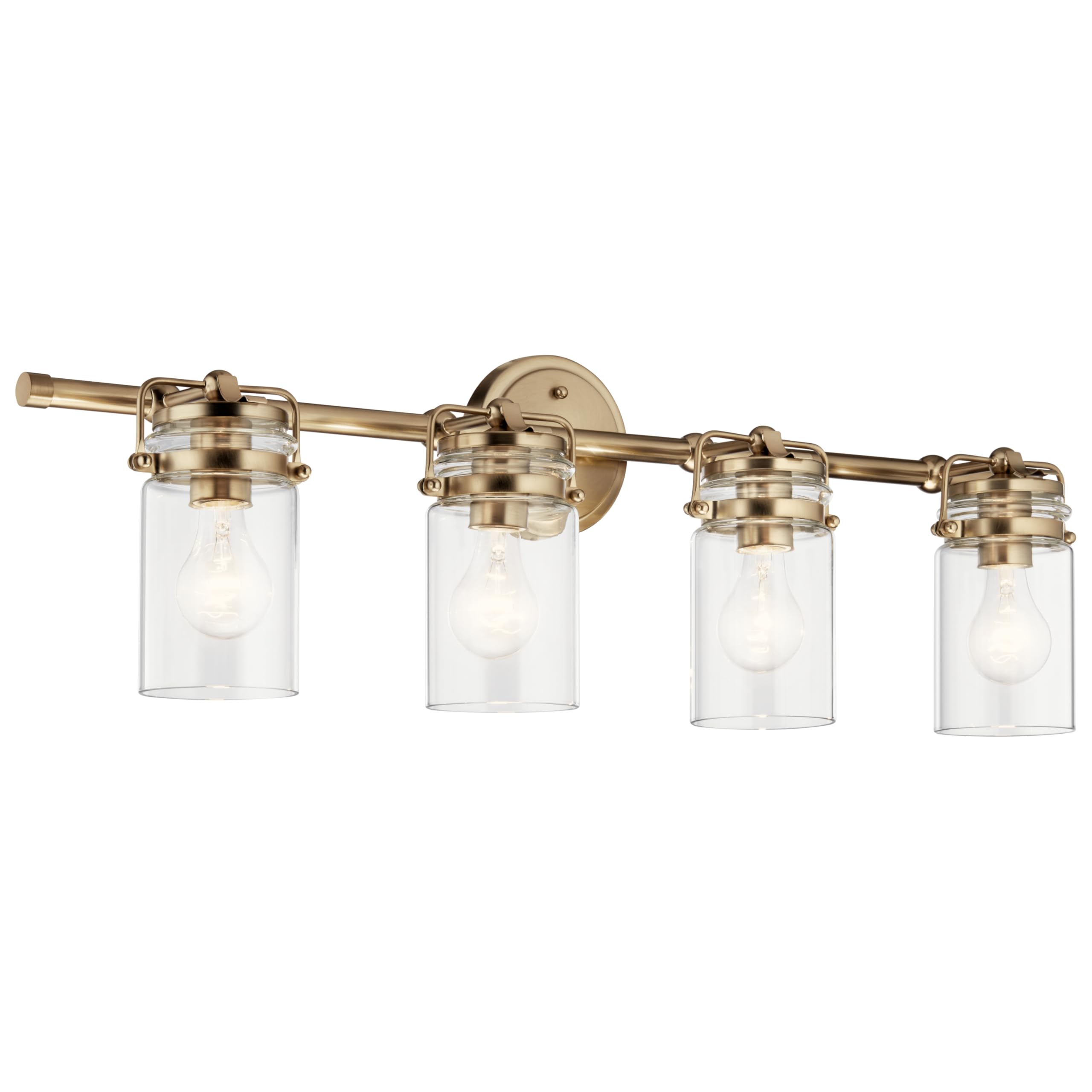 Photo 1 of Kichler Brinley 4-Light Bathroom Vanity Light Fixture with Clear Glass in Champagne Bronze, Industrial Farmhouse Style for Mirror Lighting (32.5" x 10.25" x 6.75"), 45690CPZ