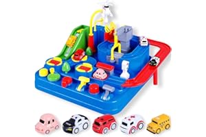 YEZI Car Adventure Toys for Kids, City Rescue Playsets Magnet Toys w/ 5 Mini Cars, Puzzle Rail Car, Preschool Educational Car Games Gift for 3 4 5 6 7 Year Old Boys Girls (Blue)