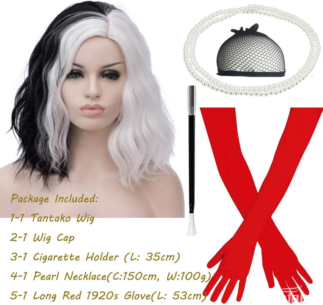 TANTAKO Black and White Cosplay, Half Black and Half White Wig with 1920s Red Gloves and Holder/Pearl Necklace(A) - Image 3
