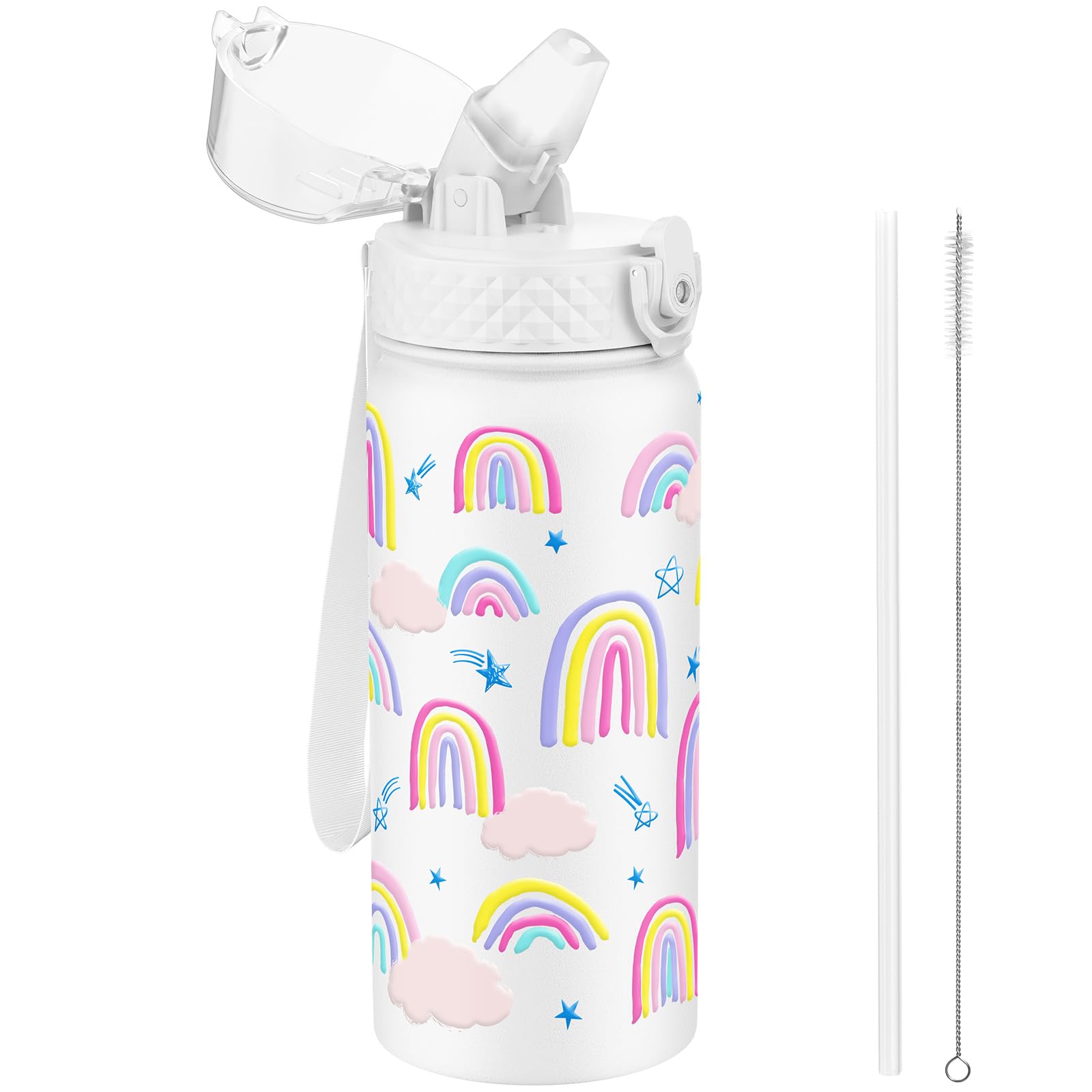 GOPPUS 550ml/18oz Kids Insulated Water Bottle with Straw Cute Double Wall Stainless Steel Child's Small Flask Vacuum Insulated Steel Metal Leak Proof Drink Flask Boys Toddler Girls Bottles BPA-Free