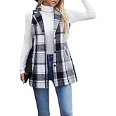 olrain Women Flannel Plaid Sleeveless Blazer Vest Lapel Neck Button Down Long Jacket Outwear Coat With Pockets Fall Winter