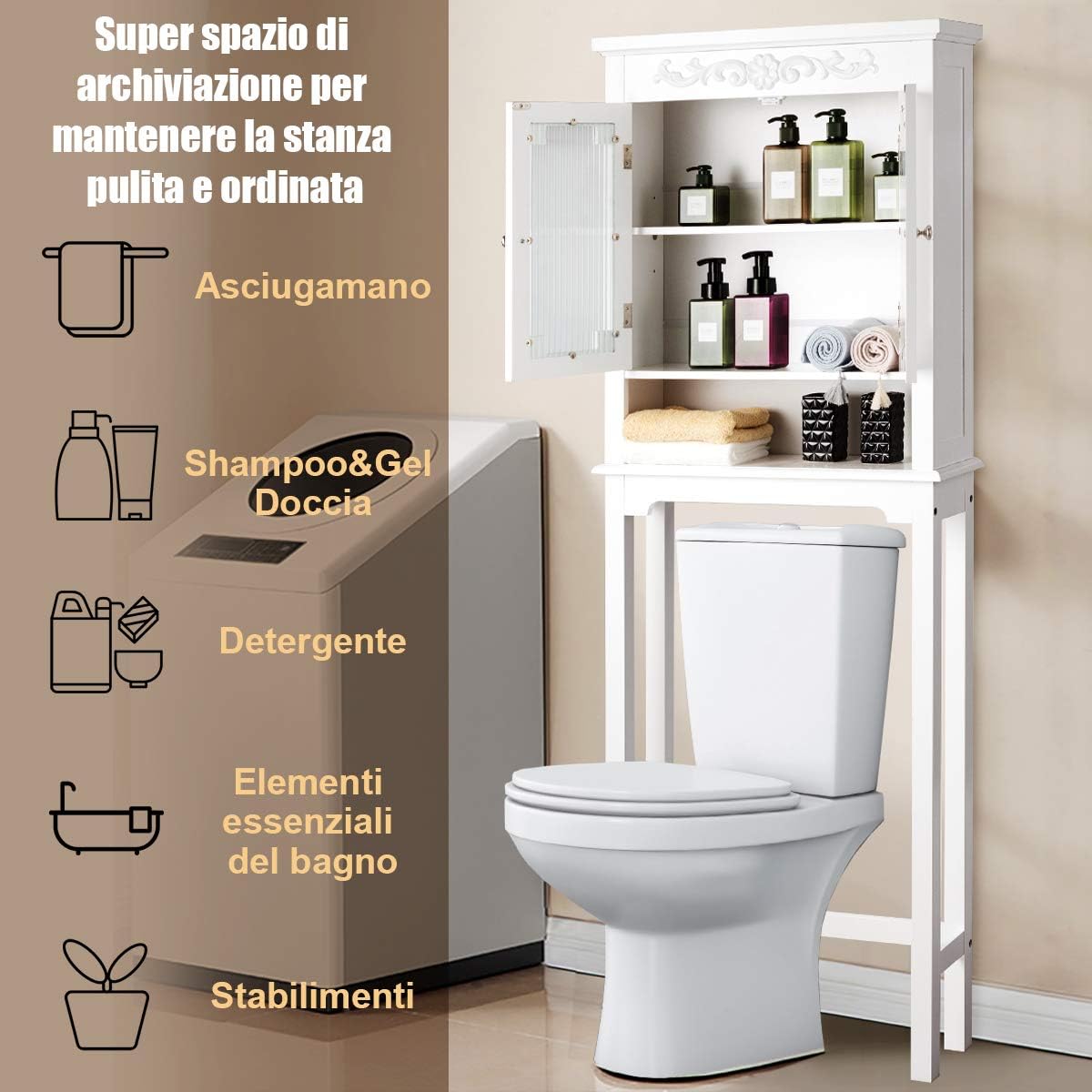 Shintenchi Armadietto Da Parete Per Bagno Con Anta, 3 Ripiani Regolabili, Da Mettere Sopra Il WC, Bianco, Soluzione Salvaspazio