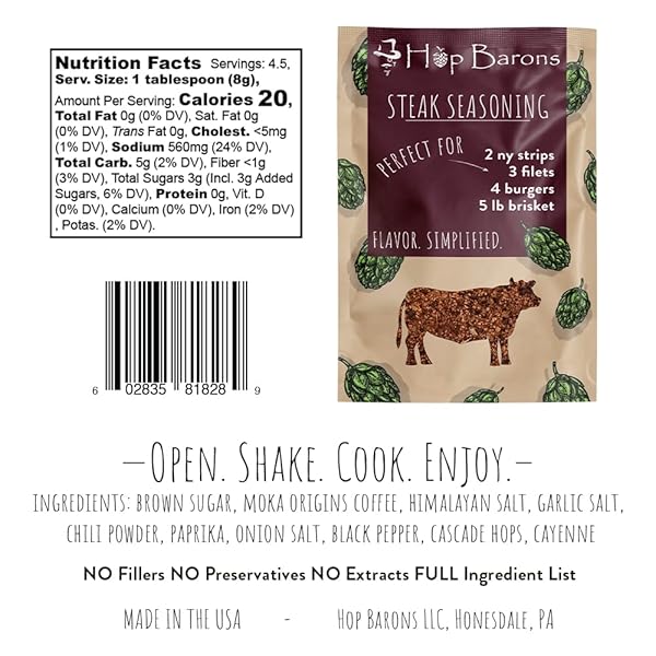 HOP BARONS, GOURMET STEAK SEASONING, SINGLE SERVE PACK – PREMIUM BLEND OF HERBS AND SPICES, NO FILLERS, NO PRESERVATIVES – COOKING GIFTS FOR MEN, GRILLING GIFTS