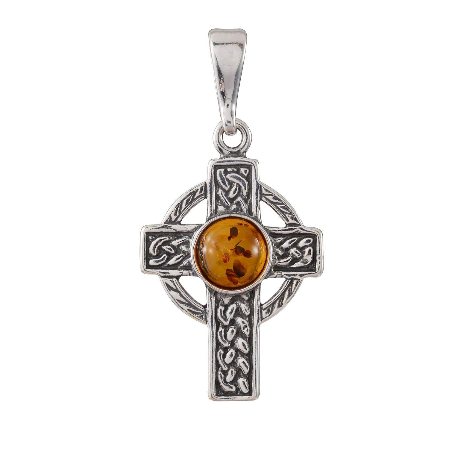 HolidayGiftShops Sterling Silver and Baltic Honey Amber Celtic Knot Cross Pendant Necklace