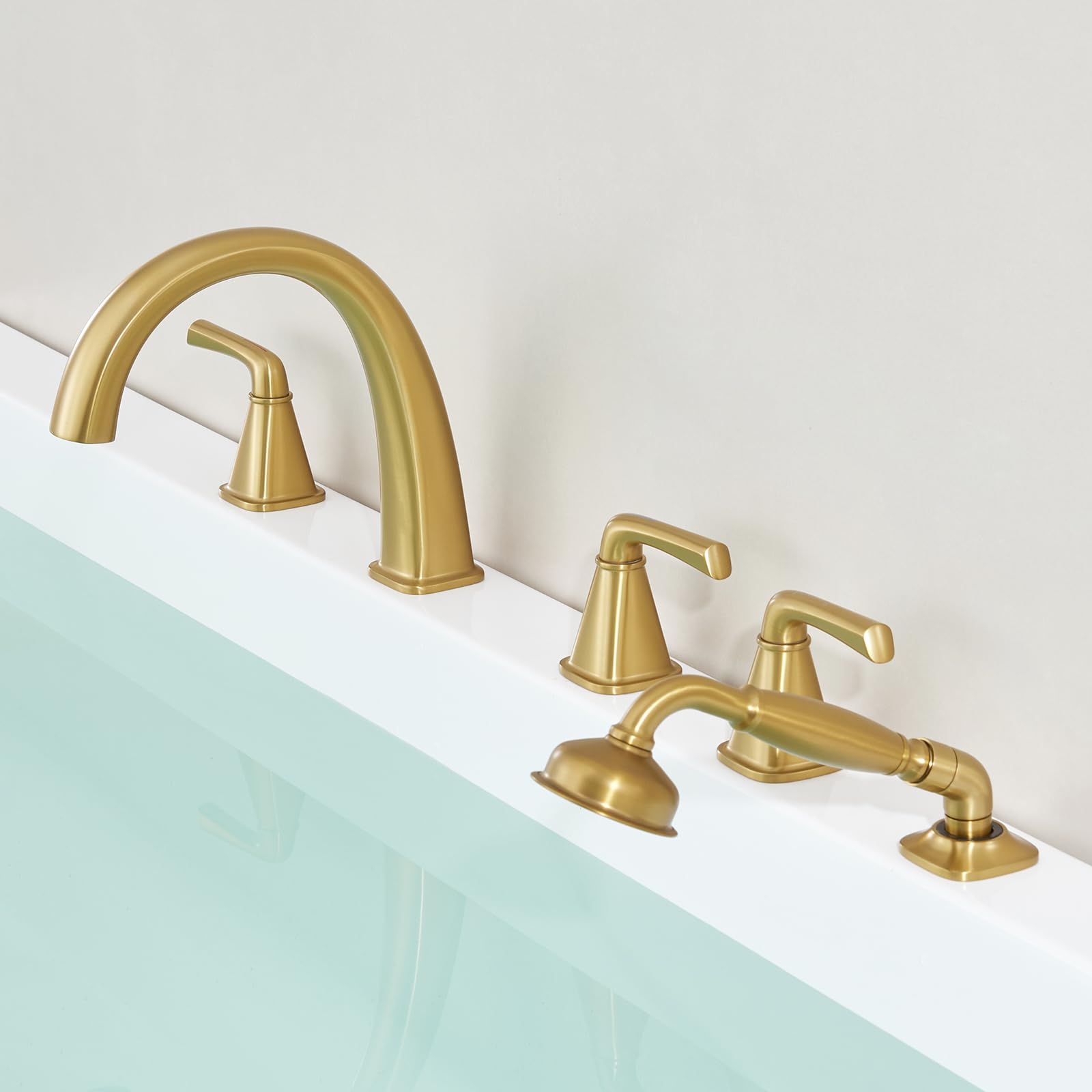 Photo 1 of New Roman Tub Faucet with Sprayer, Bathtub Faucet Set Deck Mount, Brass 5 Hole Bath Tub Faucet Set High Flow, with 3 Handle with Valve Diverter with Hoses, 24-32in Widespread Classic Brushed Gold