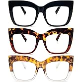 REAVEE 3 Pack Oversized Reading Glasses for Women Thick Large Frame Blue Light Blocking Stylish Computer Readers Spring Hinge