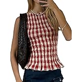 Women Y2K Tie Up Smocked Tank Tops Sleeveless Crew Neck Crop Shirred Top Cute Going Out Ruched Peplum Shirt