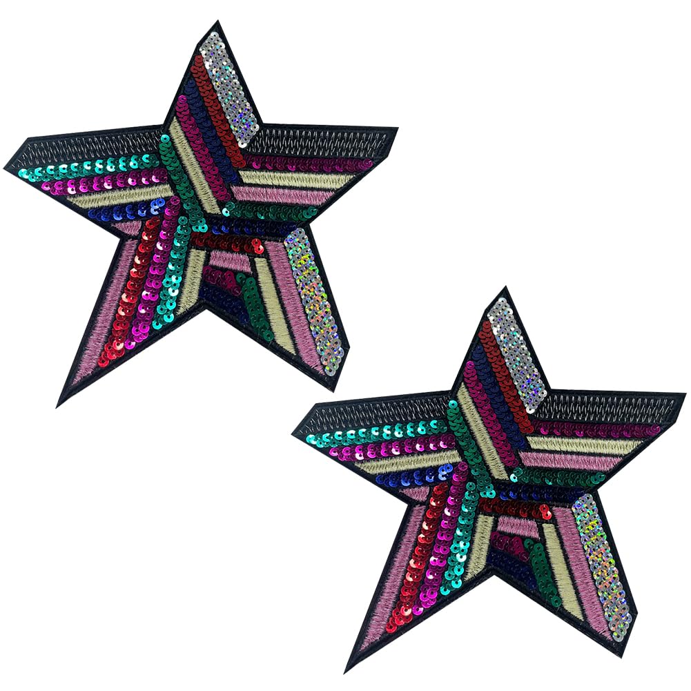 INFUNLY 2pcs Star Sequins Patches: 8.5x7.5in Sew On Colorful Star Sequins Fabric Patches for Clothing DIY Sewing Apparel Accessories - Jeans, Jackets, Handbag Decor