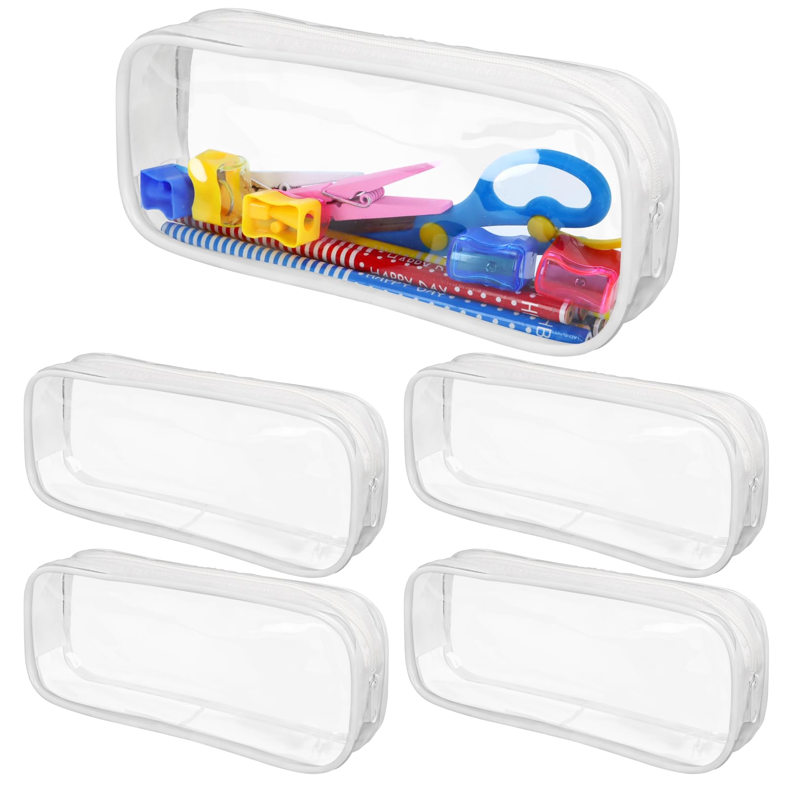 Photo 1 of *MINOR DAMAGE - USED*
ISUSSER 5 Pack Clear PVC Zipper Pencil Pouch, Pen Pencil Case Makeup Pouch, Large Capacity Pencil Bag for Office Stationery Travel Storage (White)