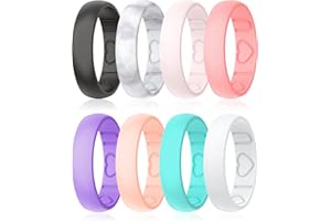 QINAOCO Silicone Ring Women - Heart [I Love U] Pattern Airflow Flow Grooves Breathable Rubber Wedding Bands for Women - 8 Rings / 4 Rings
