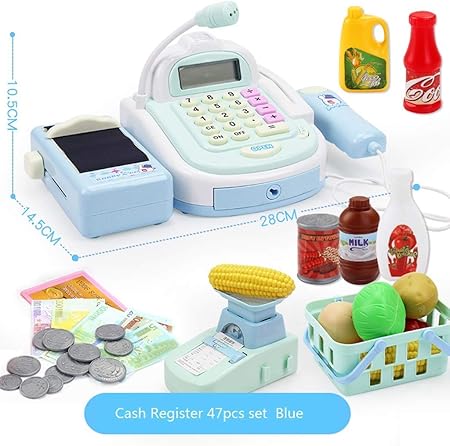 47 piezas para niños, caja registradora para niños, juegos de imaginación, supermercado, tienda hasta juguetes con calculadora, escáner de trabajo, tarjeta de crédito, comida para jugar, dinero, ba: Amazon.es: Hogar