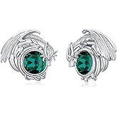 Plesitep Dragon Earrings Sterling Silver Stud Hypoallergenic Birthstone Crystal Dragon Earrings for Women