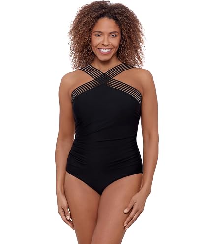 Aqua Green Women's Surplice Trim Overlay One Piece, Black, Small