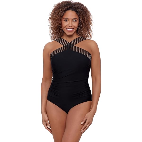 Nike Missy Mesh Solid Edge V-Back One Piece Swimsuit, Black, Large