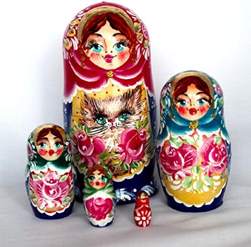 Russian Nesting Doll Matryoshka Ukrainian Girl with Cat 5-pc 4.75"