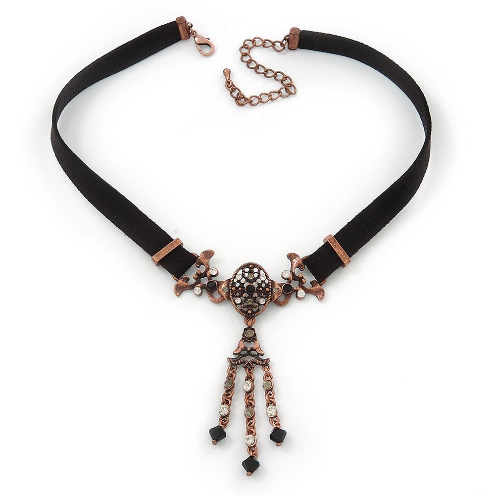 Avalaya Victorian Black Suede Style Crystal Choker Necklace/Bronze Tone/34cm L/7cm ext