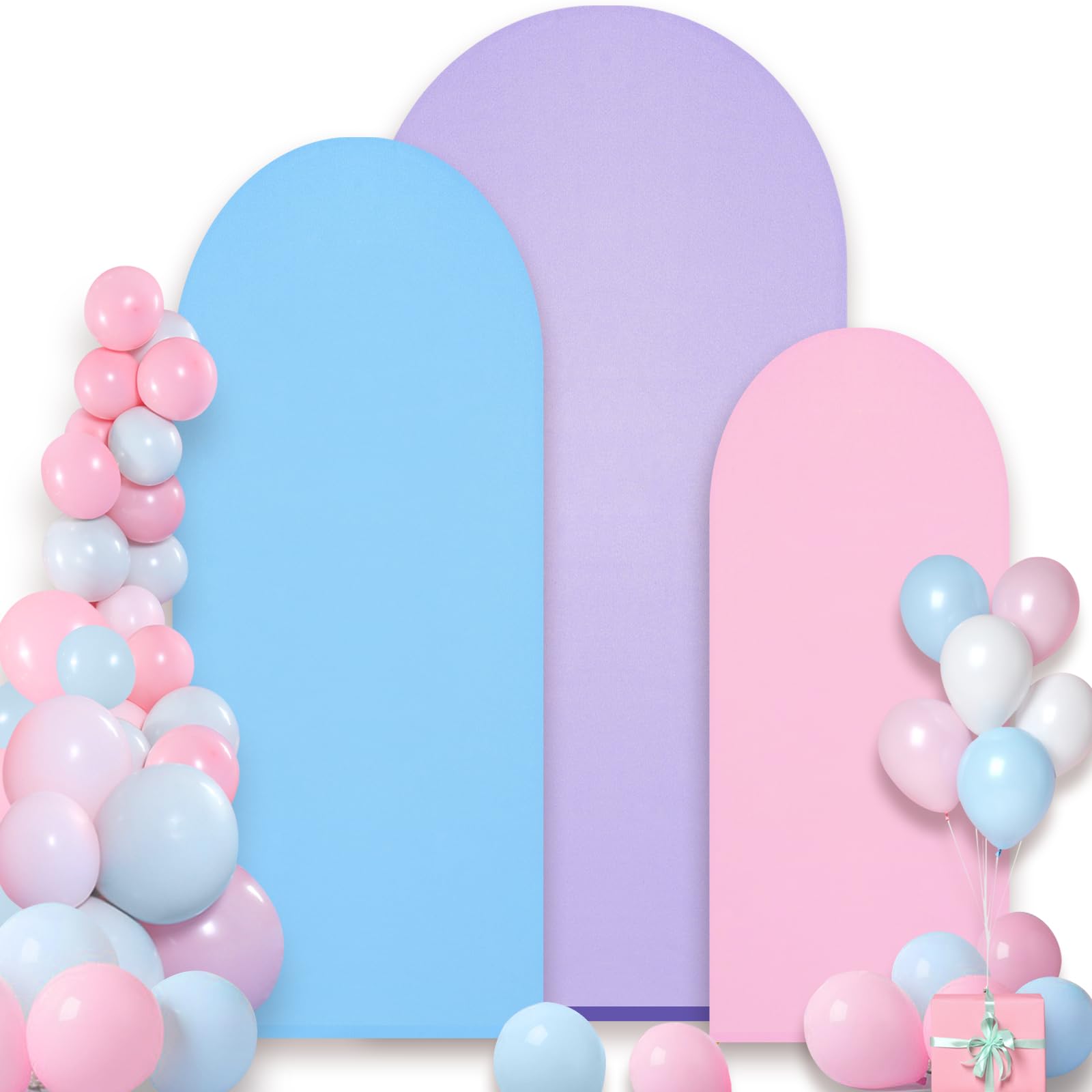 Photo 1 of Bouiexye Wedding Arch Backdrop Cover, 4FT 5FT 6FT Pink Blue Purple Spandex Fitted Arch Cover Round Top Arch Backdrop Stand Set of 3 for Wedding Birthday Party Baby Shower Banquet Arch Decoration