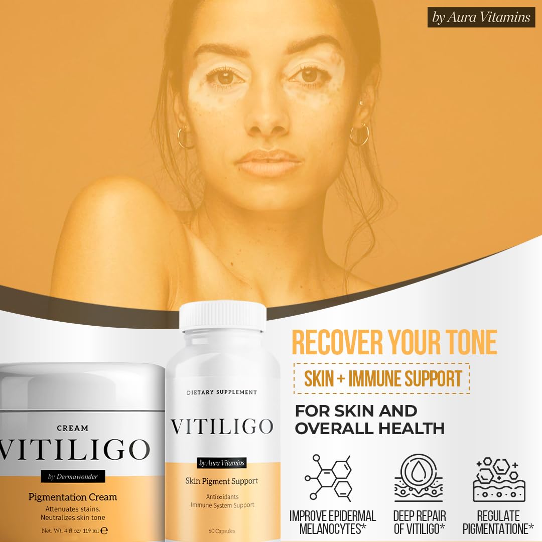 Dermawonder Vitiligo Supplement & Pigmentation Cream Set | 60 Vitiligo Capsules and 4fl Oz Cream | Reduce White Spots, Improve Skin Pigmentation & Neutralize Skin Tone | Natural Solution (1)