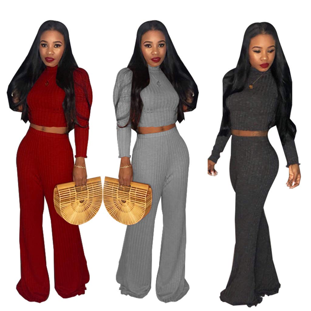 2 Piece Outfits for Women Clubwear - Elegant Slim Long Sleeve Crop Top + High Waist Wide Leg Long Pants Medium Black