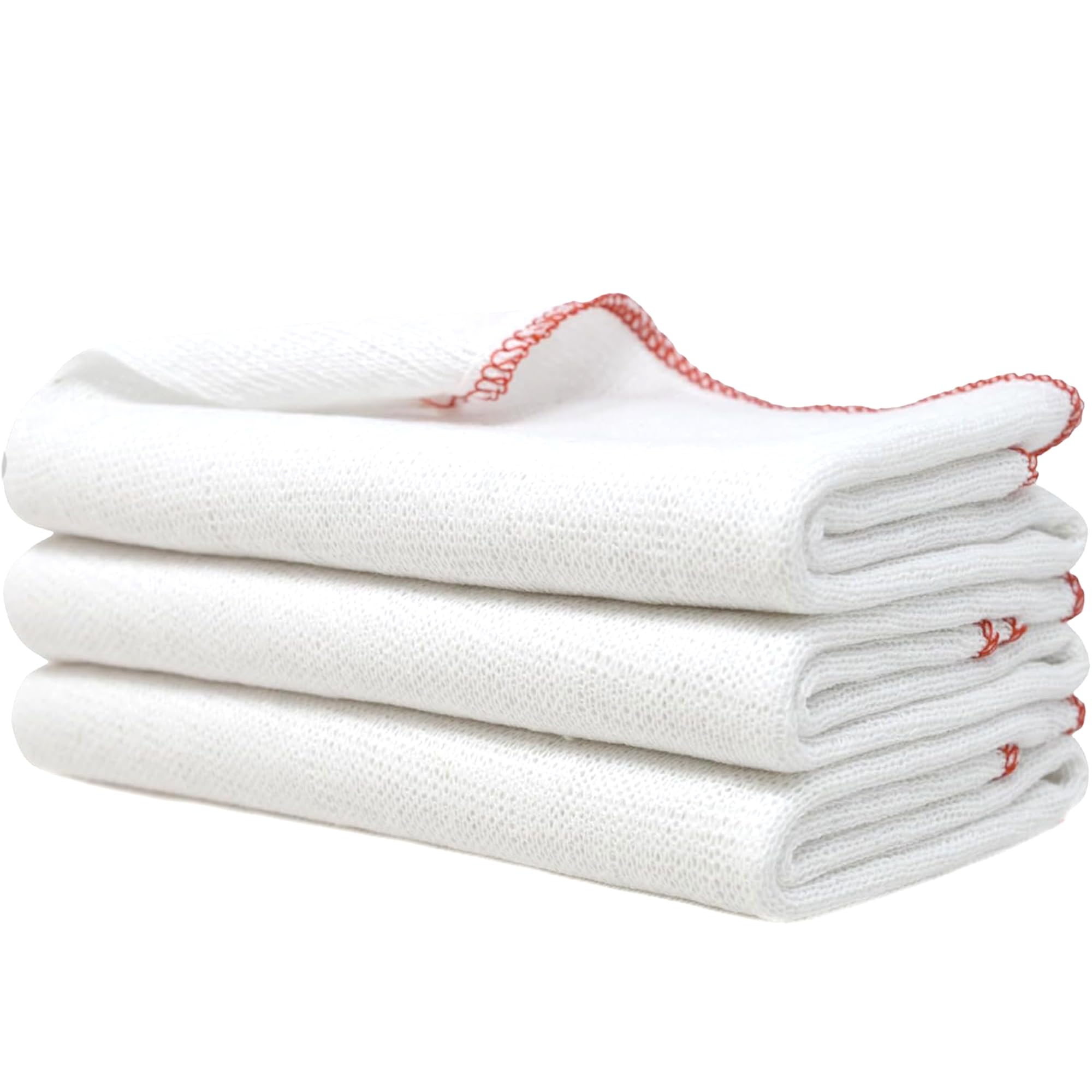 Towelogy Premium Extra Large Dish Cloths Pack of 3 - Cotton 38 x 45cm Odour Free & Super Absorbent Kitchen Dish Towels (White/Red Edges, 3)