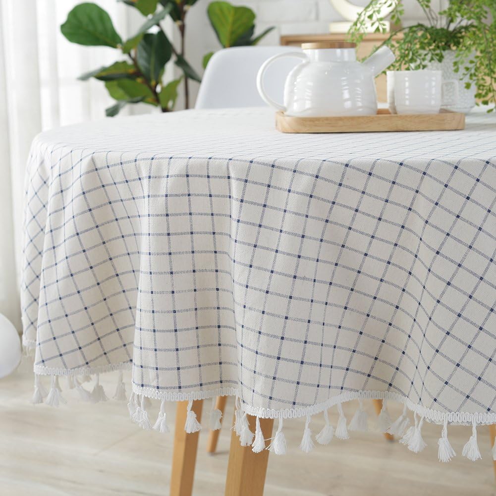 ColorBird Checkered Tassel Tablecloth Cotton Linen Dust-Proof Table Cover for Kitchen Dinning Tabletop Decoration (Round, 60 Inch, White/Blue)