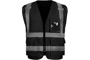 sesafety Reflective Safety Vest with Pockets and Zipper, High Visibility Construction Vest, Hi Vis Vest, Black, 3XL