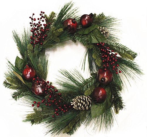 New 24" Inch Pine Leaves, Red Berry Artificial Christmas Wreath