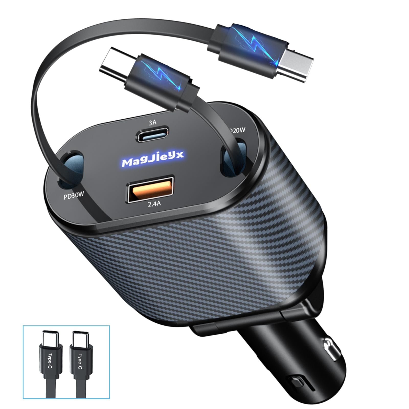 MAGJIEYX Retractable Car Charger, 80W Cigarette Lighter USB Adapter Fast Charging with Dual Type-C Cables & USB-C/USB-A Port for iPhone 16 15 14 13 12Pro Max Plus iPad AirPods Galaxy Car Accessories