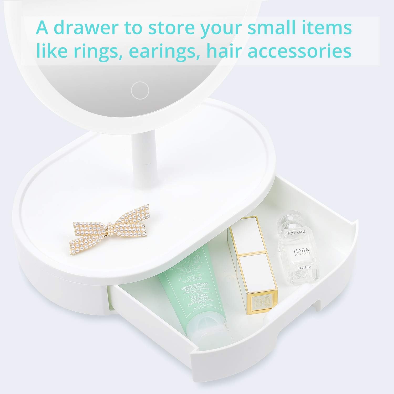 Personal Lighted Makeup Mirror with Lights - Fabuday Rechargeable Led Round Mirror with 3 Color Lighting Modes, Light Up Mirror with 10X Magnification, Lighting Adjustable Desk Mirror with Storage -