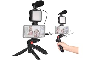 Andoer Smartphone Vlog Kit Mini LED Video Light + Cardioid Microphone + Extendable Phone Clip + Tripod with Adjustable Brightness for Live Stream Vlog Video Shooting Video Conference Selfie