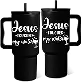 Christian Gifts for Men, Jesus Touched My Water Funny Tumbler with Handle 24 Oz, Inspirational Religious Spiritual God Pastor Gifts for Him, Stainless Steel Insulated Bible Verse Faith Cup