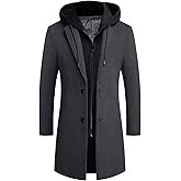 iCKER Mens Trench Coat Winter Wool Blend Jacket Overcoat Long Top Coat Warm Pea Coat
