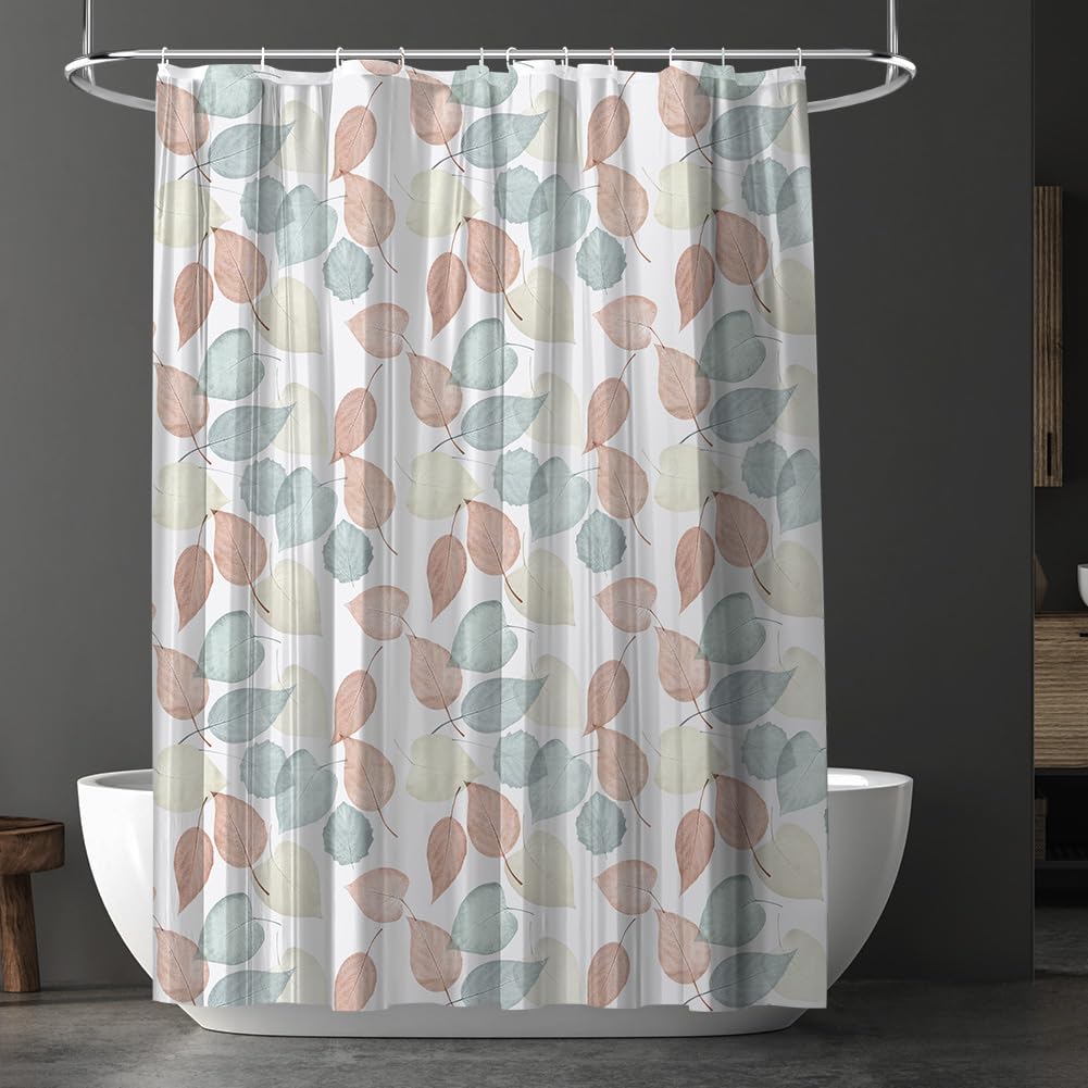 URAQT Shower Curtain Anti Mould, Waterproof PEVA Bath Curtains, Mildew Resistant Bathroom Shower Curtains with 12 Hooks, Green Leaves Bathtub Curtains for Bathtub Shower, 180 x 180 cm, Colored Leaves
