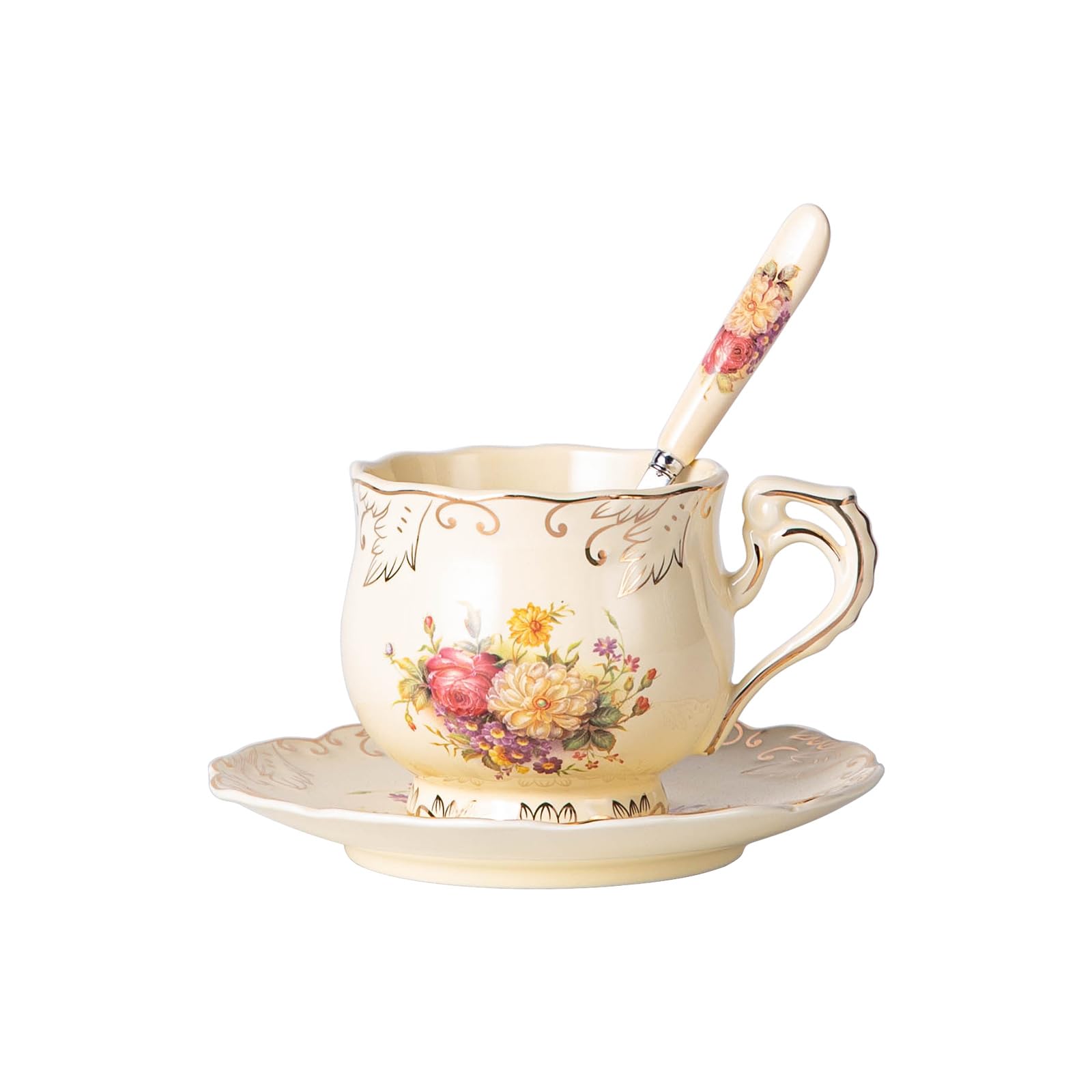 YOLIFE Tea Cup and Saucer Set, 200 ml Teacup Set, Ceramic Tea Cup with Suacer Spoon, Porcelain Ivory Vintage Flowering Shrubs with Gold Leaves Trim, Gifts for Women