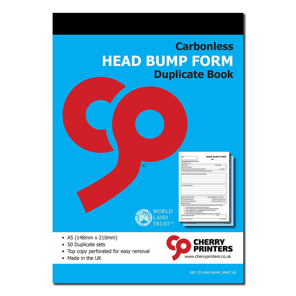 Cherry Printers | Head Bump Form | Duplicate Book | A5 Carbonless Incident Record for Schools | 50 Sets with Perforated Top Copy | Ideal for Recording Accidents