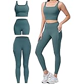 SALSPOR 3 Piece Workout Sets for Women High Waisted Leggings with Pockets Tummy Control Biker Shorts Yoga Sports Bra