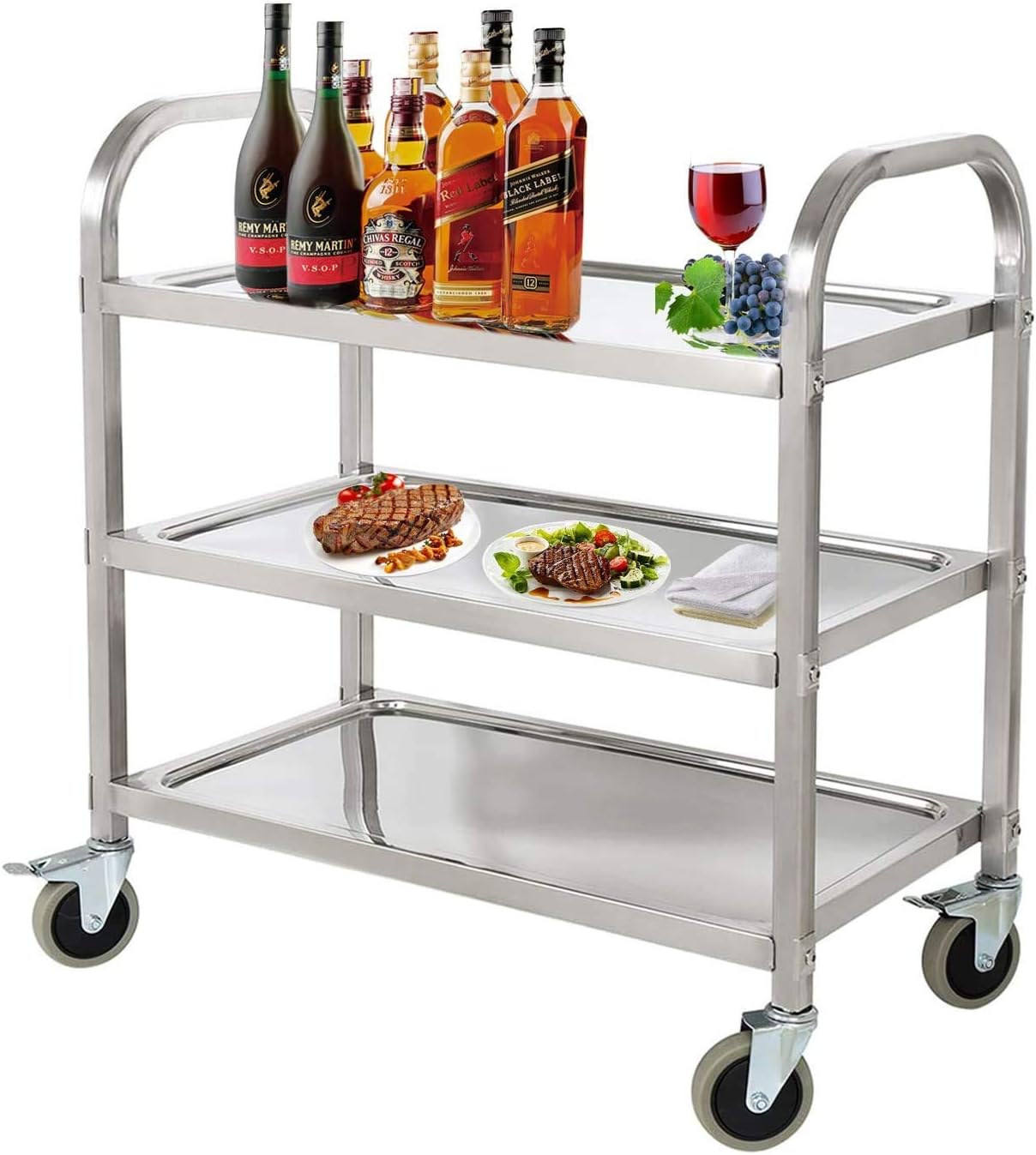 tonchean 3 Tier Stainless Steel Kitchen Trolley Cart 300lbs Capacity Utility Rolling Cart Serving Catering Storage Cart with Locking Wheels for Restaurant Catering Hotel Home Use (30 x 16 x 33inch)