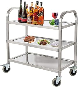 tonchean 3 Tier Stainless Steel Kitchen Trolley Cart 300lbs Capacity Utility Rolling Cart Serving Catering Storage Cart with Locking Wheels for Restaurant Catering Hotel Home Use (30 x 16 x 33inch)