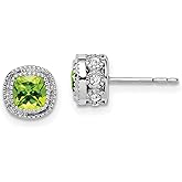 14k White Gold Cushion Cut Green Peridot Stud Earrings with Halo Design and White Accent Stones, Fine Jewelry for Women, August Birthstone Gemstone Studs, Classic Gold Peridot Earrings 7.3x7.3 mm