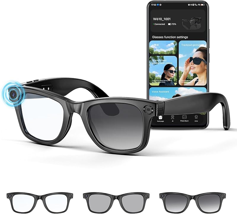 Occhiali con Telecamera 8MP, Smart Glasses Ai con Chiamate Bluetooth & WIFI, Occhiali Intelligenti con Traduzione AI in Tempo Reale/Riconoscimento di Oggetti, Lenti Fotocromatiche + Lenti Blu