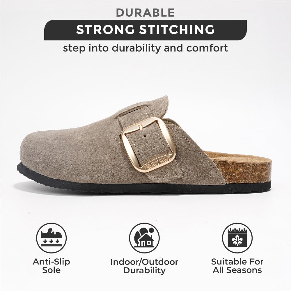 Project Cloud Genuine Leather Clogs for Women Shoes - Memory Foam Insole, Non-Slip & Natural Cork Footbed Arch Support Big Buckle Womens Clogs and Mules for Women Footwear (Manchester)