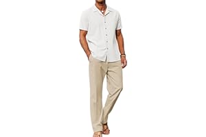 COOFANDY Men 2 Piece Linen Outfit Beach Button Down Shirt Casual Loose Pant Sets