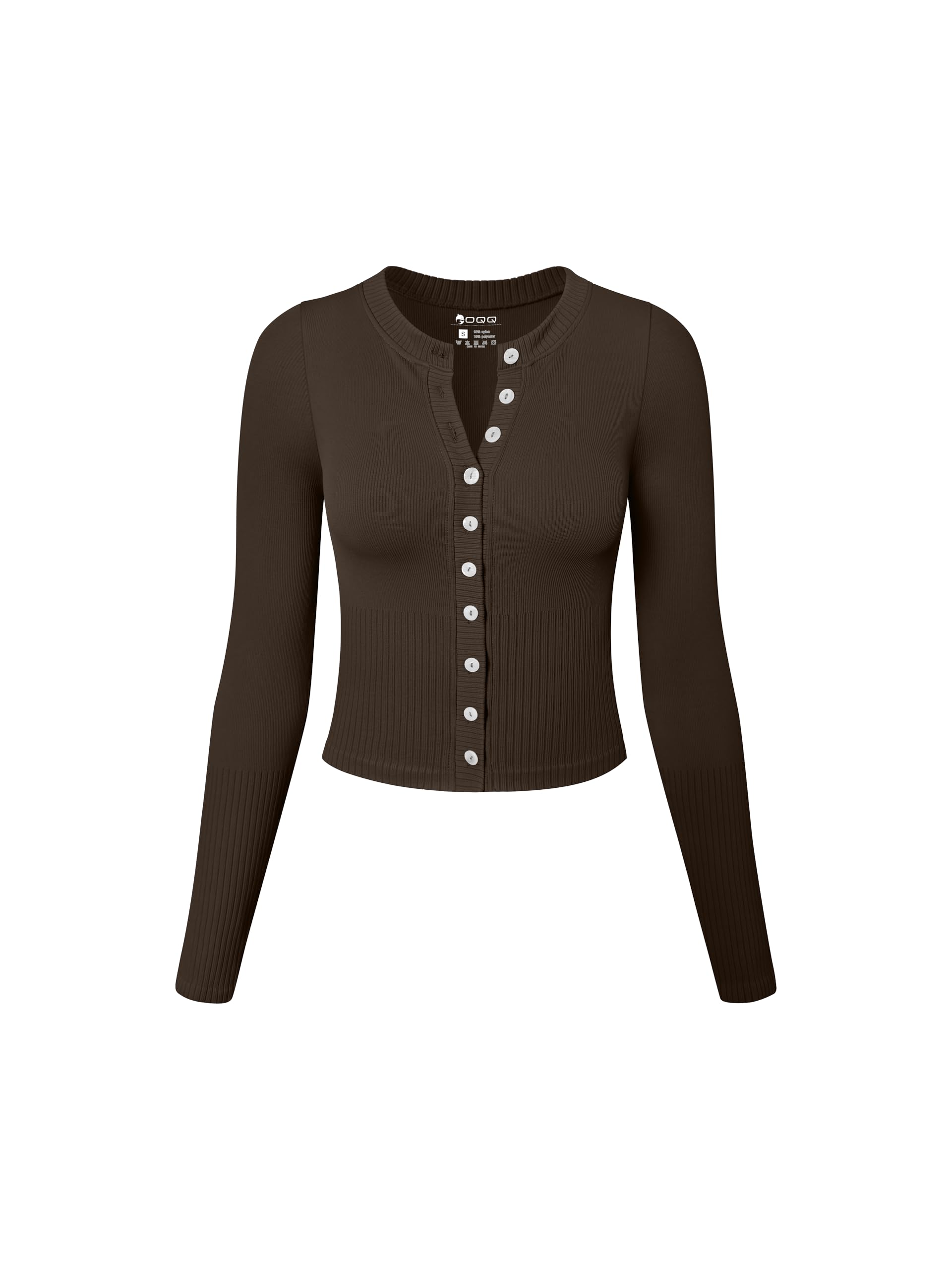 Photo 1 of OQQ Womens Long Sleeve Shirts Crew Neck Button Knit Stretch Casual Basic Tops Fitted Tee Shirts Darkbrown LARGE