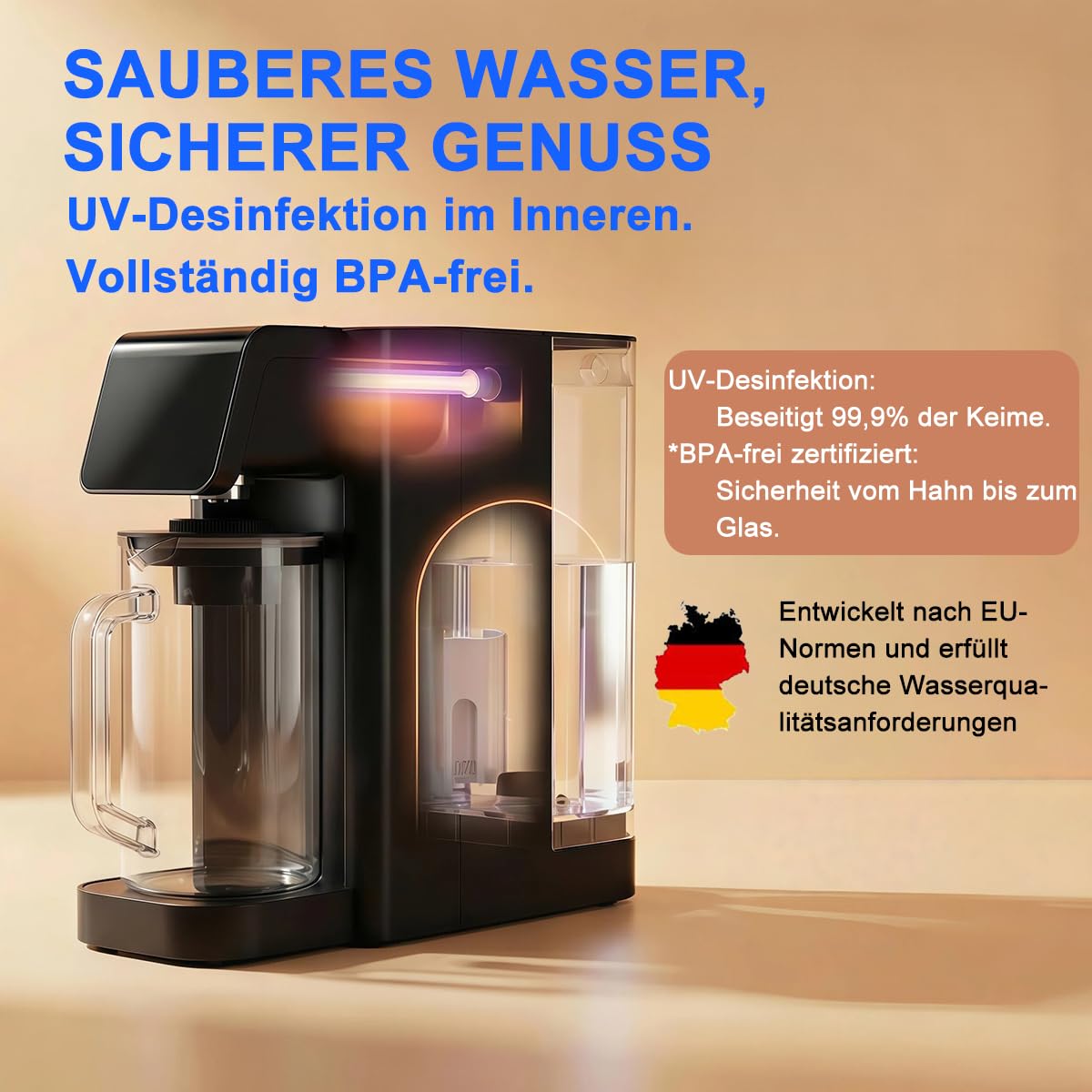 Ecoviva UV Auftisch Umkehrosmoseanlage, 8-stufiger Wasserfilter mit Heißwasserspender & TDS-Monitor, Tragbarer Wasserreiniger für Büro, Camping & Schlafzimmer, Ohne Installation 5