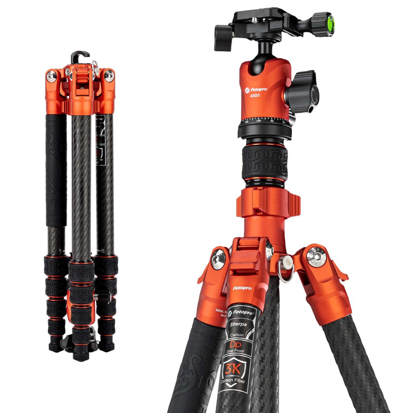 Fotopro 60'' Carbon Fiber Tripod, Compact Travel Tripod for DSLR Camera, with Ballhead Quick Release Plate Carry Bag, with Detachable Monopod, Max Load 10kg. Sherpa Series (orange, 60 inch)