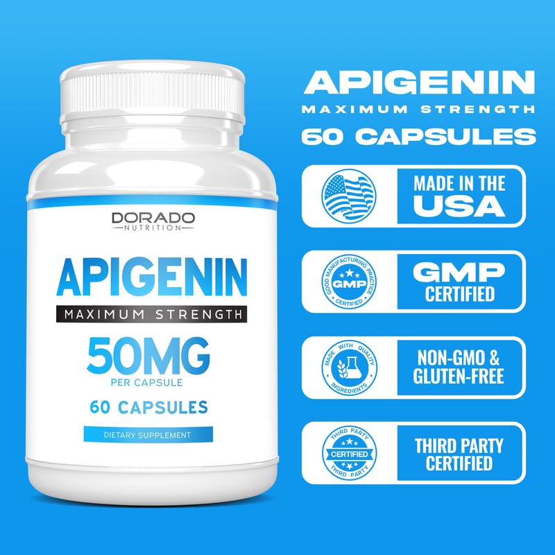Apigenin Supplement - 50mg Per Capsule (Powerful Bioflavonoid Found in Chamomile Tea Made) - 3rd Party Tested - Made in The USA - Zero Fillers - Gluten Free & Non-GMO - Vegan - (60 Capsules)