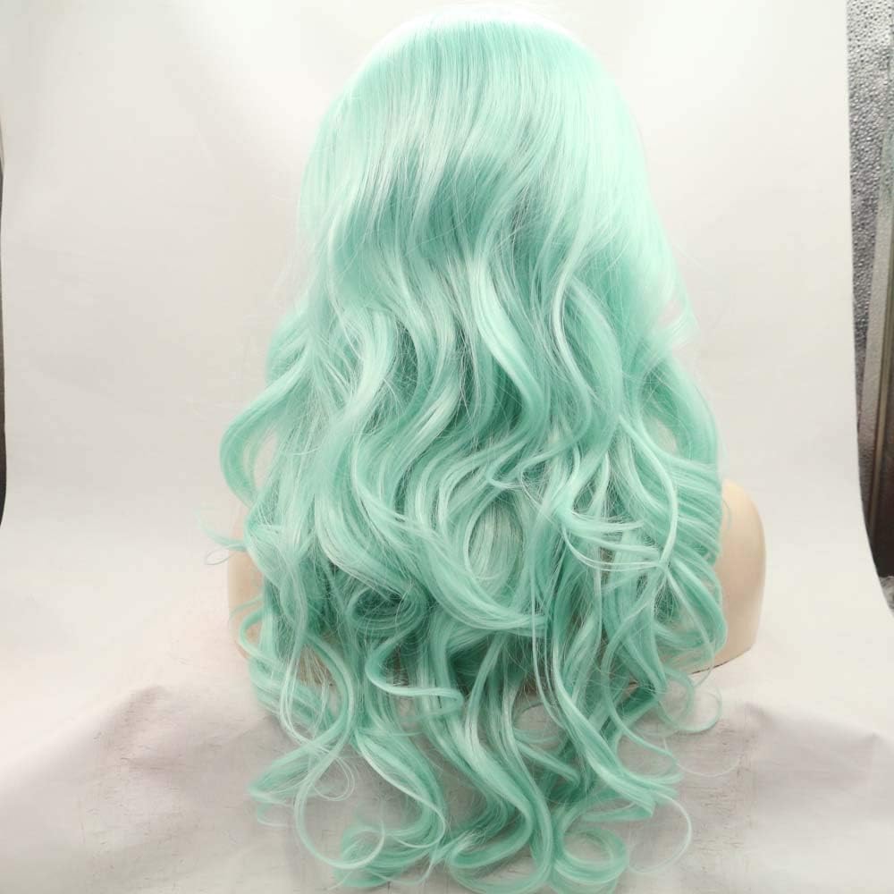 Xiweiya Natural Mint Green Wig Side Bangs Synthetic Hair Lace Front Wig Long Wavy Heat Resistant Fiber For Women Hair Body Wave Wigs - Image 5